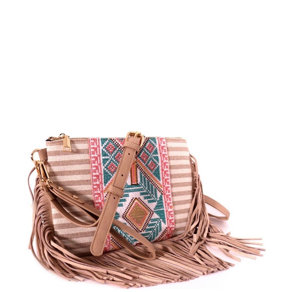 Aztec Tribal Print Canvas Genuine Leather Side Fringe Medium Crossbody Handbag